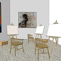 Art Gallery Interior With Wooden Slat Partition Reception Desk Red Circular Decorations And Green Plant