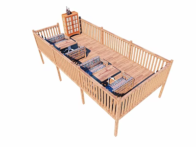 Wooden Outdoor Deck With Railing Tables Chairs And Cozy Seating Area 3d model