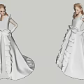 Woman In Elegant White Formal Gown With Large Bow Ruffled Skirt And Long Sleeves