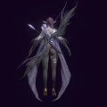 Elf Woman with Purple Hair and Feathered Wings in Flowing Cloak against Dark Background