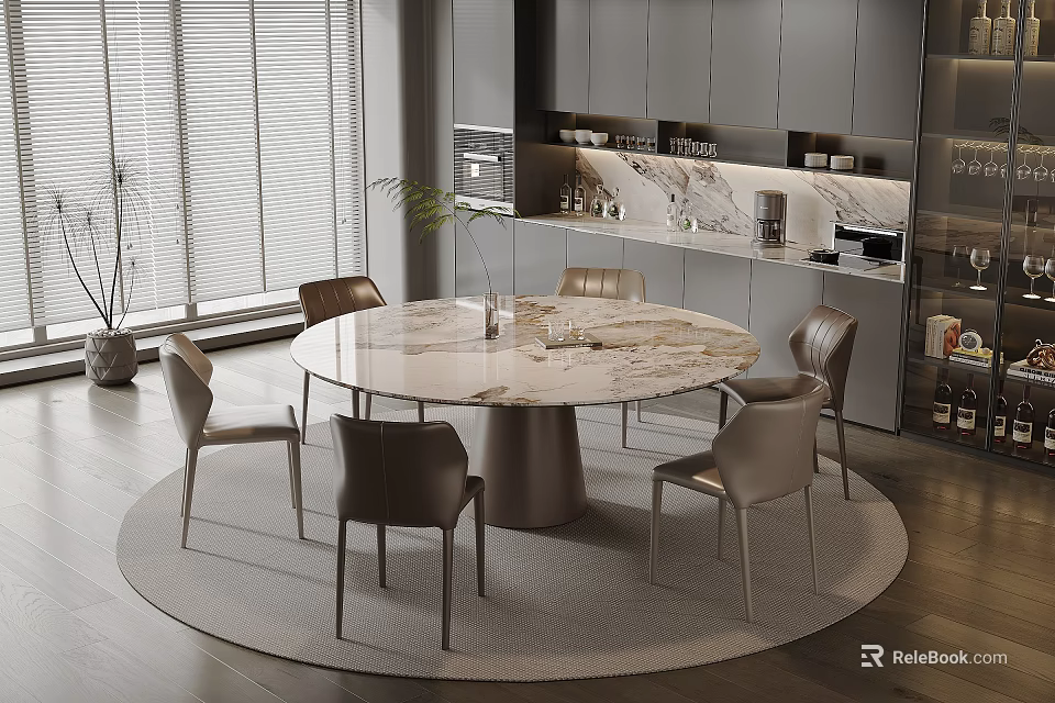 Modern Restaurant Dining Space With Round Marble Table And Comfortable Leather Chairs 3d model