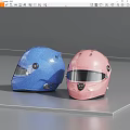 Blue And Pink Racing Helmets With Shiny Surface And Visors On Gray Platform 3d model