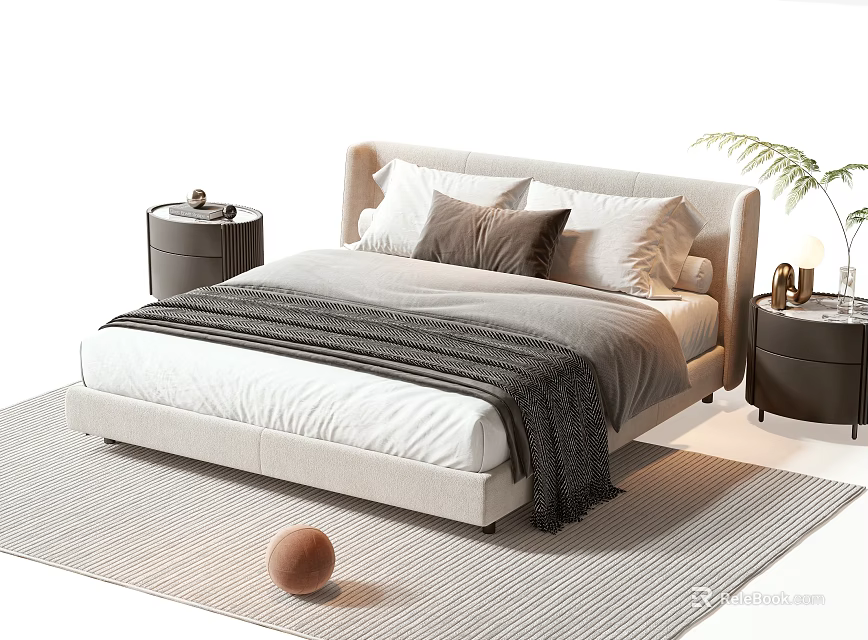 Beige Double Bed With Upholstered Headboard Multiple Pillows Gray Blanket Nightstands And Rug 3d model 