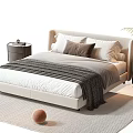 Beige Double Bed With Upholstered Headboard Multiple Pillows Gray Blanket Nightstands And Rug