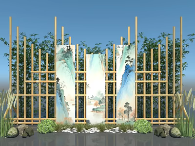 Traditional Chinese Photo Check In Spot With Bamboo Fence Ink Painting Decorations And Green Plants 3d model