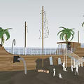Wooden Pirate Ship Play Equipment With Slide And Palm Trees On Sand Beach