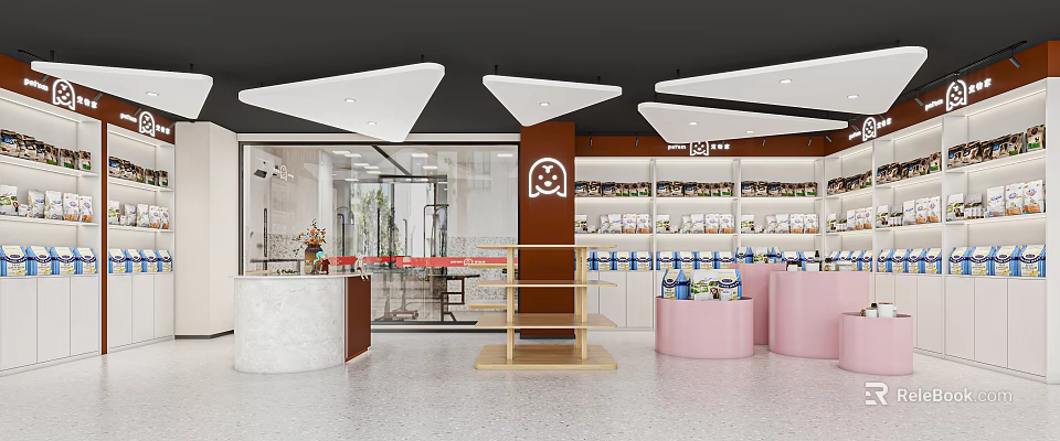 Modern Mall Store Interior With White Counter Shelves Bright Lighting And Product Displays 3d model 