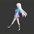 3D Woman Character With White Long Hair Blue Purple Top Purple Skirt Black Striped Stockings