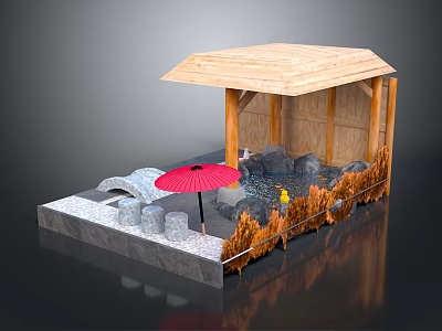 Traditional Japanese Garden Scene with Wooden Pavilion Red Umbrella Stone Water and Straw Decorations 3d model