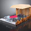 Traditional Japanese Garden Scene with Wooden Pavilion Red Umbrella Stone Water and Straw Decorations