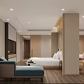 Modern Hotel Guest Room Interior With Bed Sofa TV Wooden Floor And Curtains