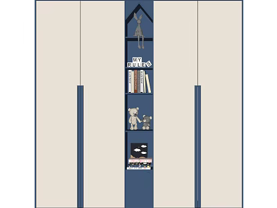 Blue And Beige Wardrobe With Sliding Doors And Open Shelves For Books Dolls Decorations 3d model