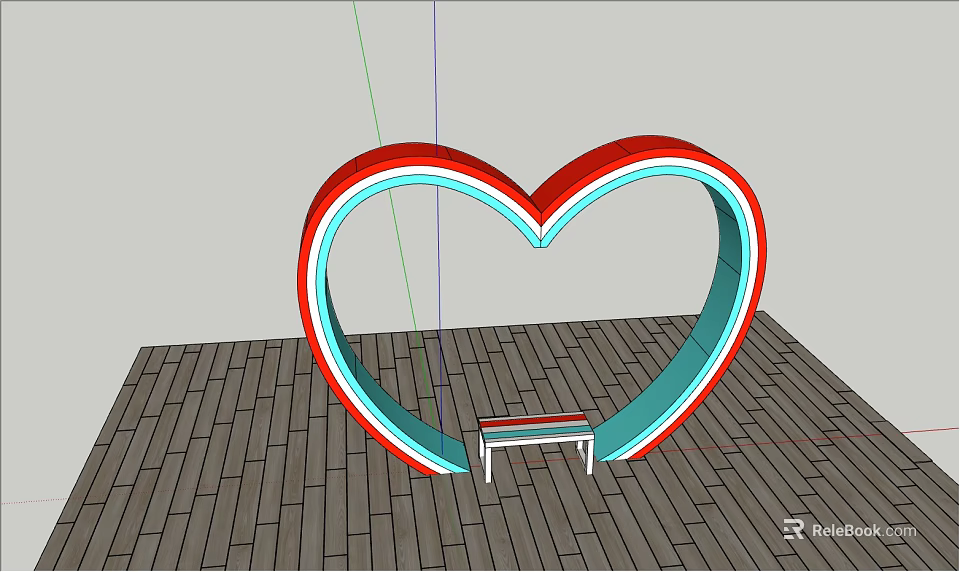 Heart Shaped Ring Structure With Bench On Wooden Floor Red Blue Design 3d model 