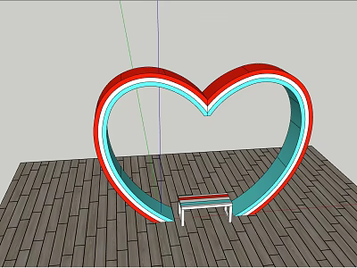 Heart Shaped Ring Structure With Bench On Wooden Floor Red Blue Design 3d model