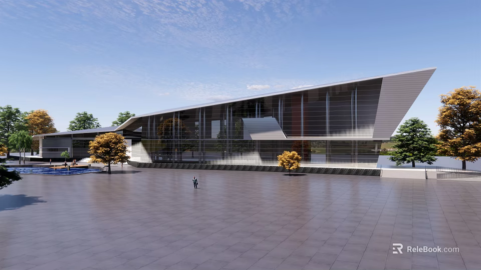 Modern Geometric Architecture With Glass Curtain Wall Plaza And Surrounding Trees 3d model 