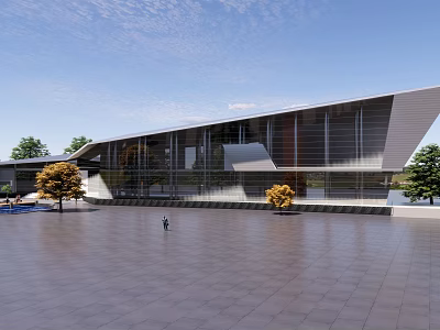 Modern Geometric Architecture With Glass Curtain Wall Plaza And Surrounding Trees 3d model