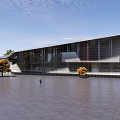 Modern Geometric Architecture With Glass Curtain Wall Plaza And Surrounding Trees