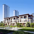Modern Townhouse Exterior With Balconies Landscaped Lawn Trees And Water Feature