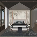 Modern Bedroom Interior With Wooden Ceiling Large Windows Bedhead Panel And Cozy Rug