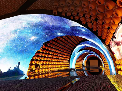 Cultural Center Interior With Starry Sky Curved Screen Arched Structure And Pottery Decorations 3d model