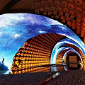 Cultural Center Interior With Starry Sky Curved Screen Arched Structure And Pottery Decorations