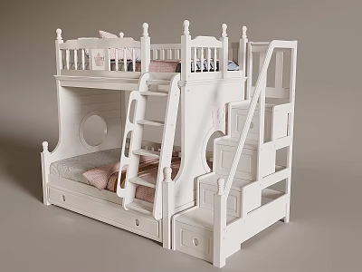 White Kids Bunk Bed With Safety Rails Ladder And Storage Drawers Design 3d model