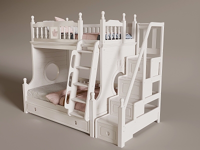 Cream Wind Children's Upper and Lower Bunk Double High and Low Bed All Solid Wood Stair Children's Bed Protective Fence Upper and Lower Bed Mother Bed 3d model