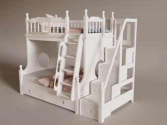 Cream Wind Children's Upper and Lower Bunk Double High and Low Bed All Solid Wood Stair Children's Bed Protective Fence Upper and Lower Bed Mother Bed 3d model