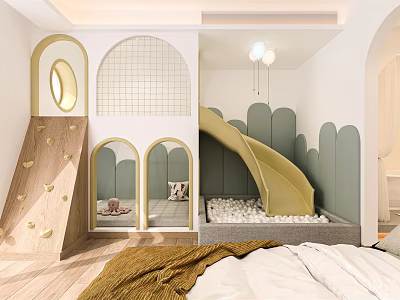 Playful Kids Room Interior Design With Yellow Slide Arched Mirrors And Padded Play Area 3d model