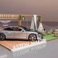 Aston Martin DBX Fashion Display With Wooden Structure Green Grass Barrels String Lights And Plants