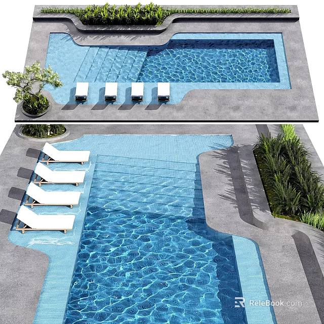 Garden Poolside Features With Blue Water White Lounge Chairs And Green Plants 3d model 