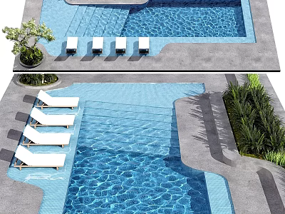 Garden Poolside Features With Blue Water White Lounge Chairs And Green Plants 3d model