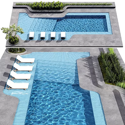 Garden Poolside Features With Blue Water White Lounge Chairs And Green Plants 3d model