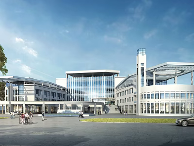 Modern Multi Story Office Building With Glass Curtain Walls Plaza Pedestrians And Parked Car 3d model