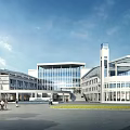 Modern Multi Story Office Building With Glass Curtain Walls Plaza Pedestrians And Parked Car