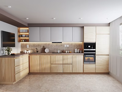 Modern Minimalist Kitchen Interior With Wooden Cabinets Island Counter And Appliances 3d model