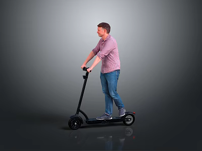 Man Riding Electric Scooter in Pink Shirt and Blue Jeans on Gray Background 3d model