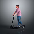Man Riding Electric Scooter in Pink Shirt and Blue Jeans on Gray Background