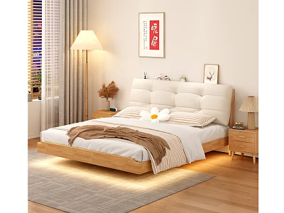Modern Double Bed with Soft Headboard Wooden Frame Bedside Lamps Decorative Painting and Wooden Floor 3d model