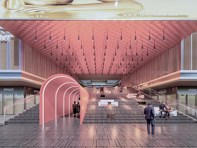 Modern Commercial Street With Pink Arched Structure Staircase Hanging Lights And Pedestrians 3d model