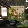 Traditional Japanese Courtyard Garden With Stone Stepping Path Lanterns Wooden Deck And Lush Greenery
