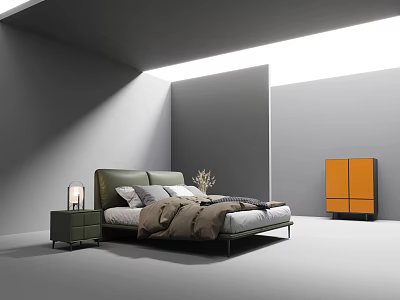 Modern Double Bed Interior With Green Headboard Nightstand Table Lamp And Orange Cabinet Grey Walls 3d model
