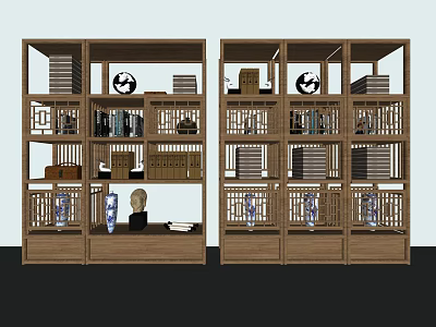 Wooden Bookcase With Multiple Shelves Books Decorative Globe Sculpture And Storage Boxes 3d model
