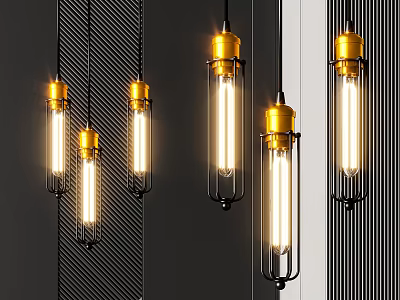 Modern Pendant Lights With Gold Black Metal Frames And Illuminated Filament Bulbs Hanging 3d model