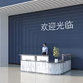Modern Lobby Reception Desk Design With Marble Counter Welcome Sign And Staff Standing