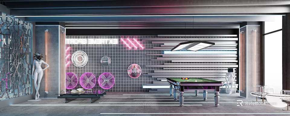 Modern Billiard Room Interior With Neon Lights And Trendy Decor 3d model 
