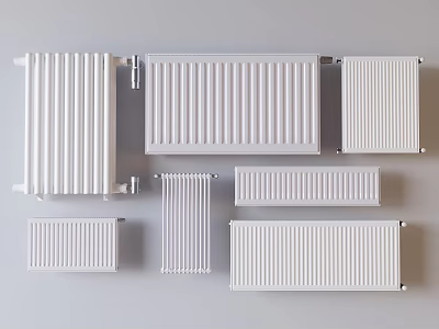 White Radiators in Different Shapes and Sizes Displayed on Grey Background 3d model
