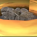 Rustic Natural Rock Structure With Wooden Scaffolding Platform And Construction Elements