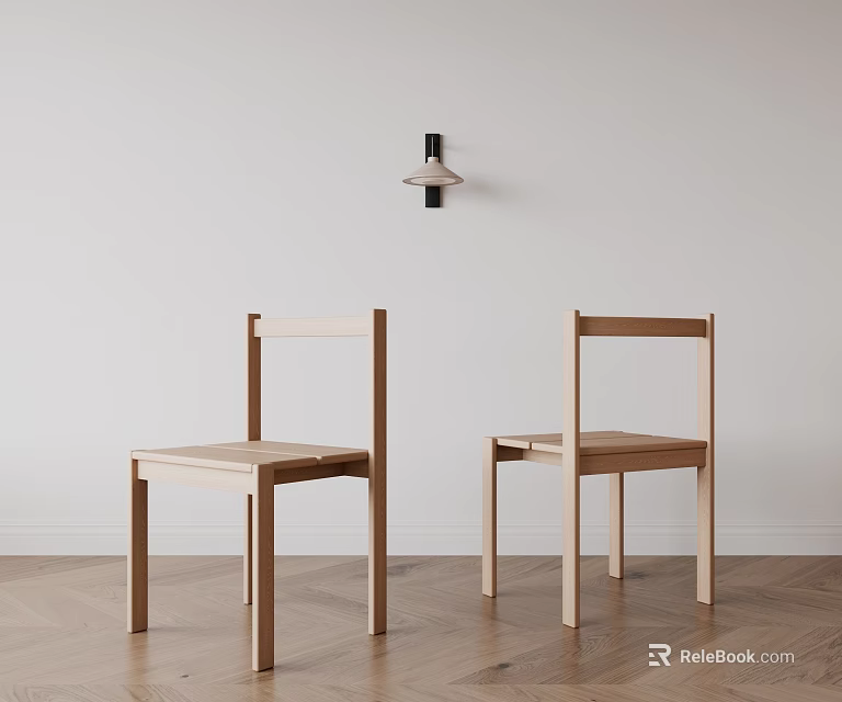 Two Minimalist Wooden Leisure Chairs In Bright Room With White Wall And Smooth Wooden Floor 3d model 
