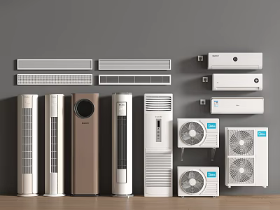 Various Types of Air Conditioners and Fans Including Standing and Wall Units 3d model